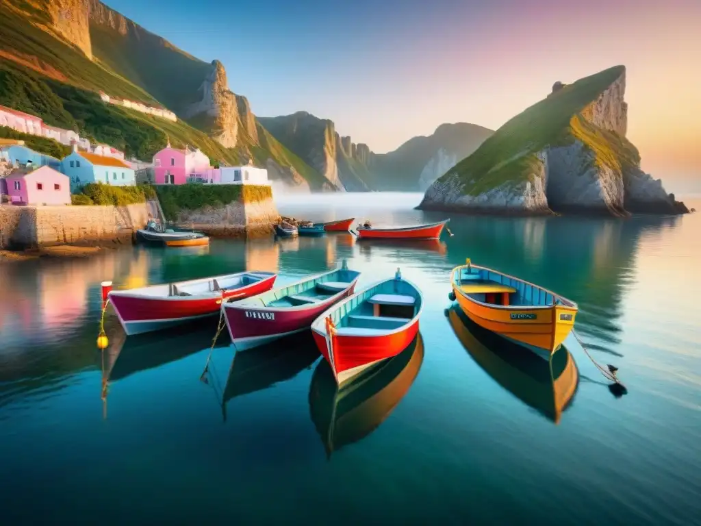 Encantadora postal costera al atardecer: barcos pesqueros en aguas serenas Pintoresco atardecer en un pueblo costero, con botes pesqueros y acantilados, invitando a soñar con un Retiro en la costa vida