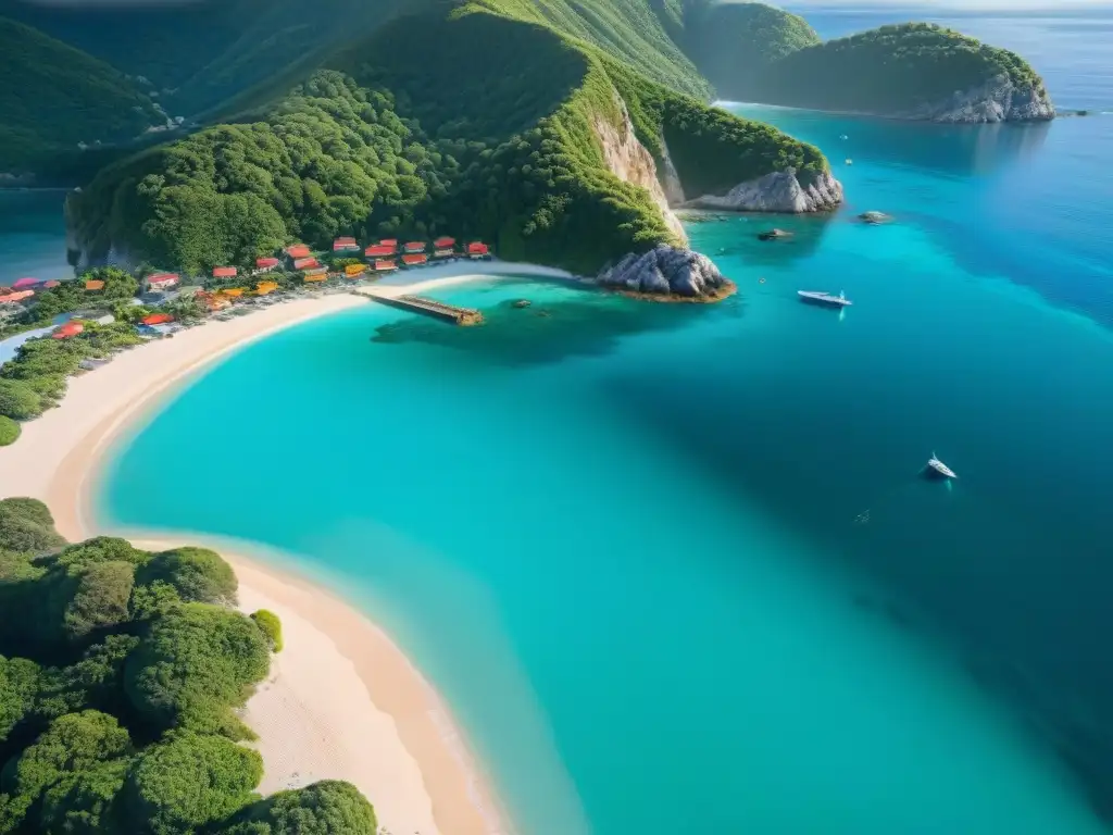 Costa tropical: pueblo costero sereno y cristalino Un pintoresco pueblo costero abrazado por aguas turquesas, playas doradas y vegetación exuberante