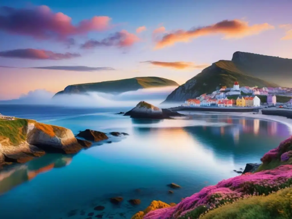 Pintoresco pueblo costero al atardecer: imagen 8k detallada y vibrante Un pintoresco pueblo costero al atardecer con casas coloridas, botes y acantilados, reflejados en aguas cristalinas