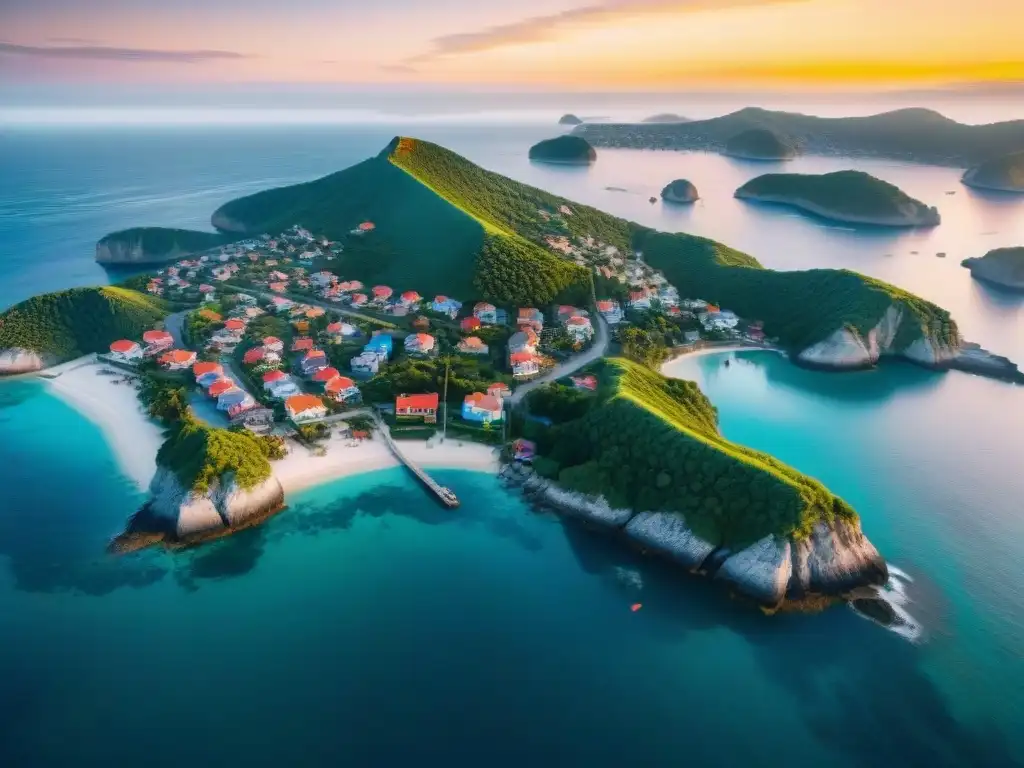 Puesta de sol en aldea costera: belleza y vulnerabilidad Un pintoresco pueblo costero al atardecer, con casas coloridas entre naturaleza exuberante y aguas cristalinas