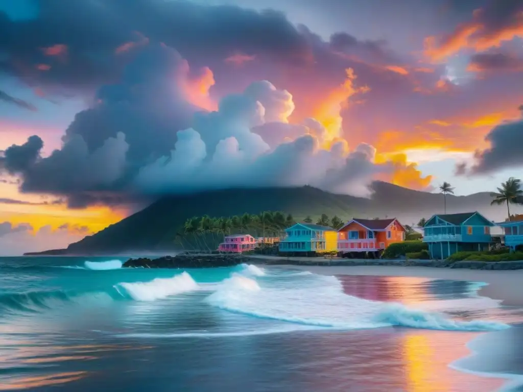 Paisaje costero al atardecer: casas coloridas y nubes de tormenta Pintoresco pueblo costero al atardecer, casas coloridas y palmeras, amenaza de cambio climático en el horizonte