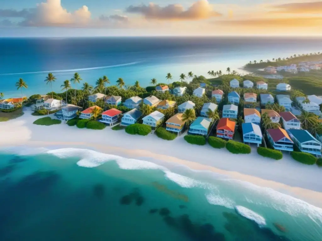 Paraíso costero al atardecer: tranquilidad y colorido Pintoresco pueblo costero al atardecer, con casas coloridas en la playa y un mar tranquilo