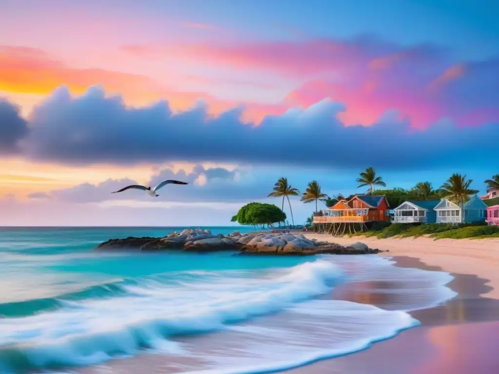 Paisaje costero al atardecer: playa colorida y palmeras Pintoresco pueblo costero al atardecer, con propiedades coloridas en la playa y palmeras, reflejos en el mar