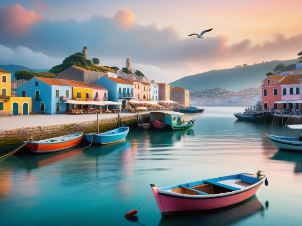 Pintoresco pueblo costero al atardecer: barcos, pescadores y serenidad Pintoresco pueblo costero al atardecer con barcos coloridos, pescadores y ambiente tranquilo