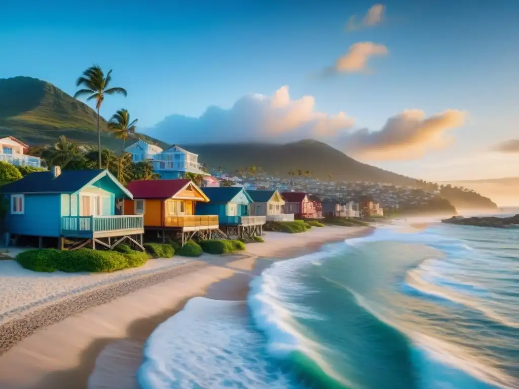 Pintoresco pueblo costero al atardecer: seguro hogar frente al mar Pintoresco pueblo costero al atardecer, casas de colores junto al mar, palmeras y cielo azul