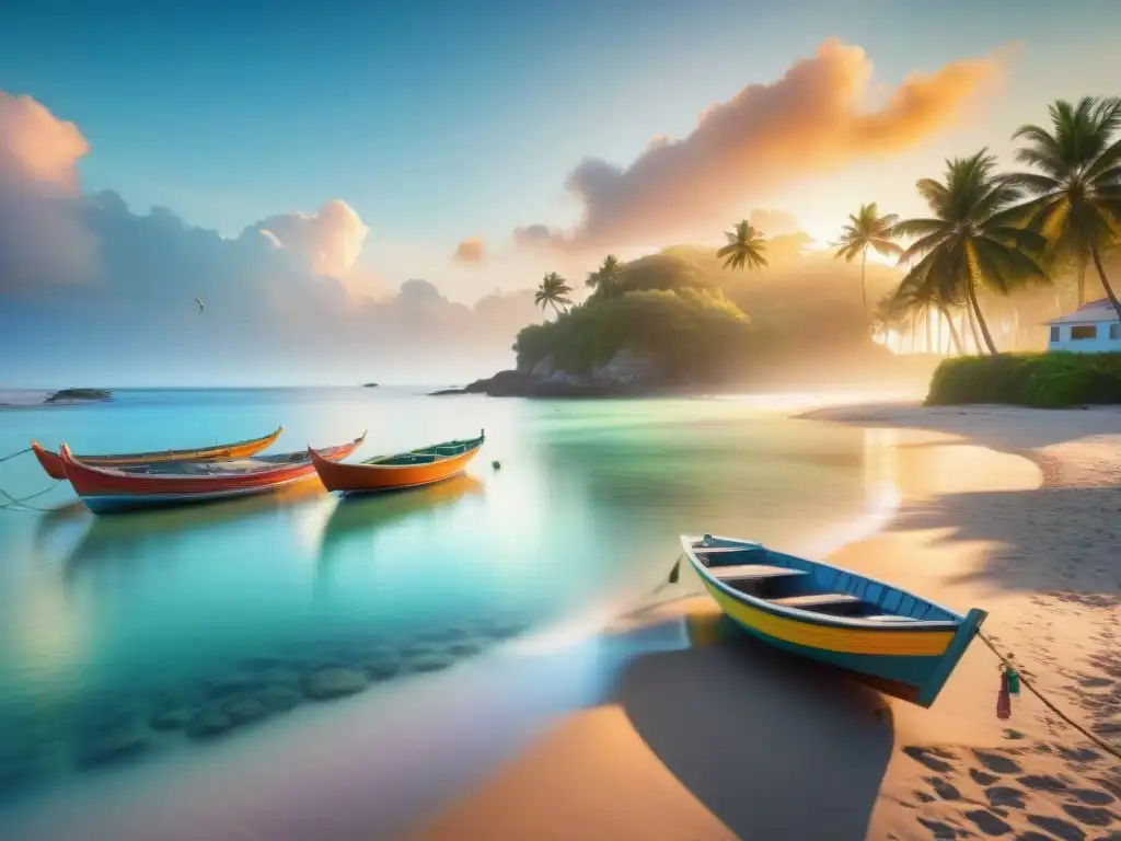 Pintoresco amanecer costero: barcos coloridos y serenidad Amanecer en un pintoresco pueblo costero con barcos coloridos en la playa, gaviotas sobrevolando y el sol dorando el mar