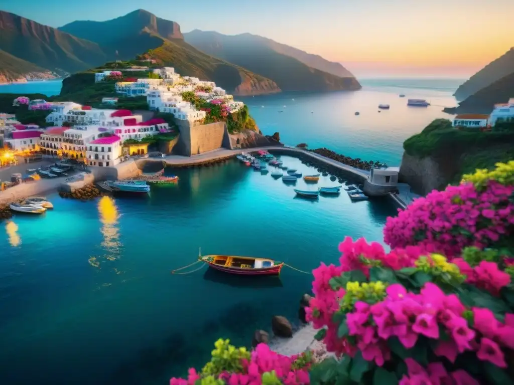 Pintoresco pueblo costero: barcos, calles empedradas y atardecer Pintoresco pueblo costero con botes de pesca, calles empedradas y habitantes en atuendos costeros elegantes