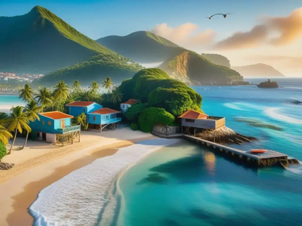 Pintoresco pueblo costero al amanecer: casas coloridas, mar azul y palmeras Pintoresco pueblo costero al amanecer, casas con terrazas y mar azul
