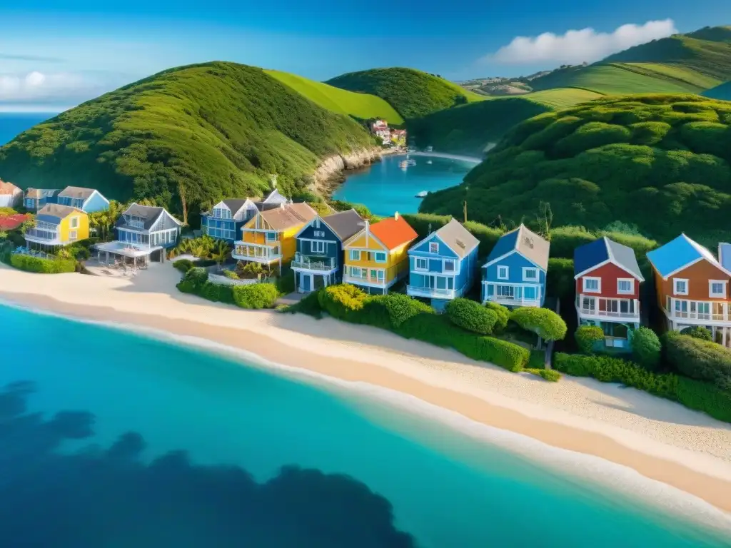 Encanto costero: casas coloridas junto al mar Pintoresco pueblo costero con casas coloridas junto al mar, bajo un cielo azul