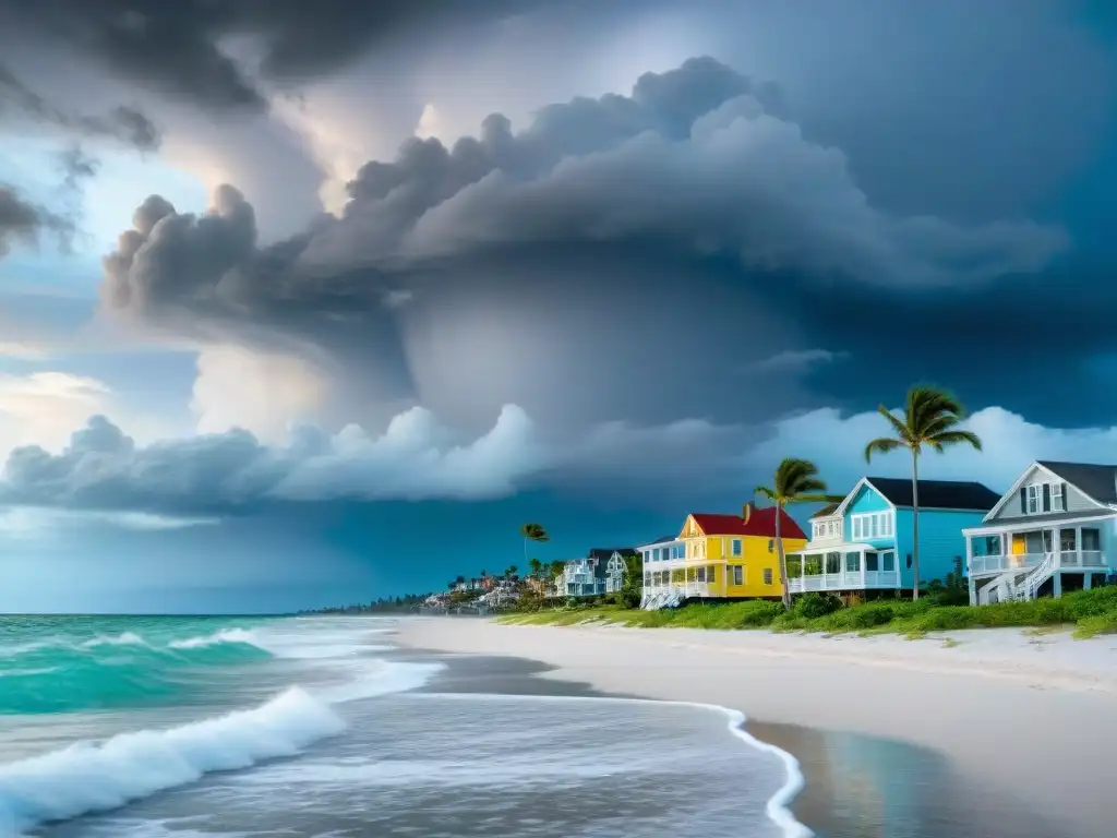Pintoresco pueblo costero: calma y amenaza Pintoresco pueblo costero con casas coloridas frente al mar, palmeras meciéndose al viento bajo cielo azul