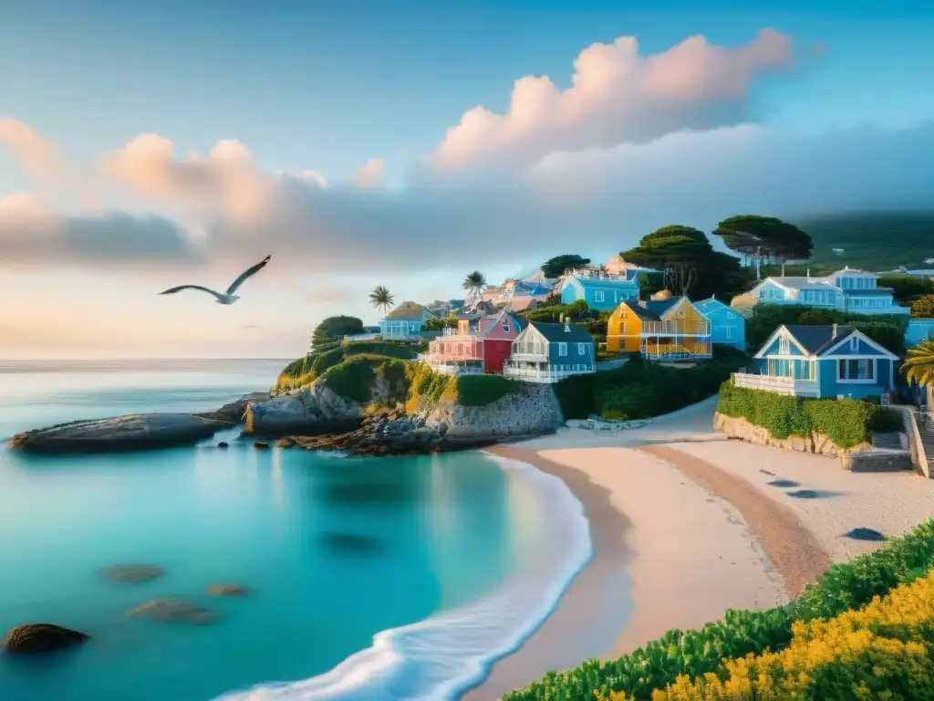 Tranquilidad costera: pueblo junto al mar con casas coloridas y cielo azul Pintoresco pueblo costero con casas coloridas frente al mar, bajo cielo azul y gaviotas