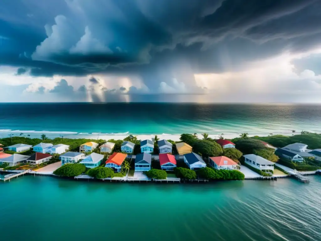 Contraste costero: casas de playa coloridas ante la amenaza de huracán Pintoresco pueblo costero con casas coloridas, algunas con ventanas tapiadas y otras protegidas por tormenteras, frente a nubes de tormenta