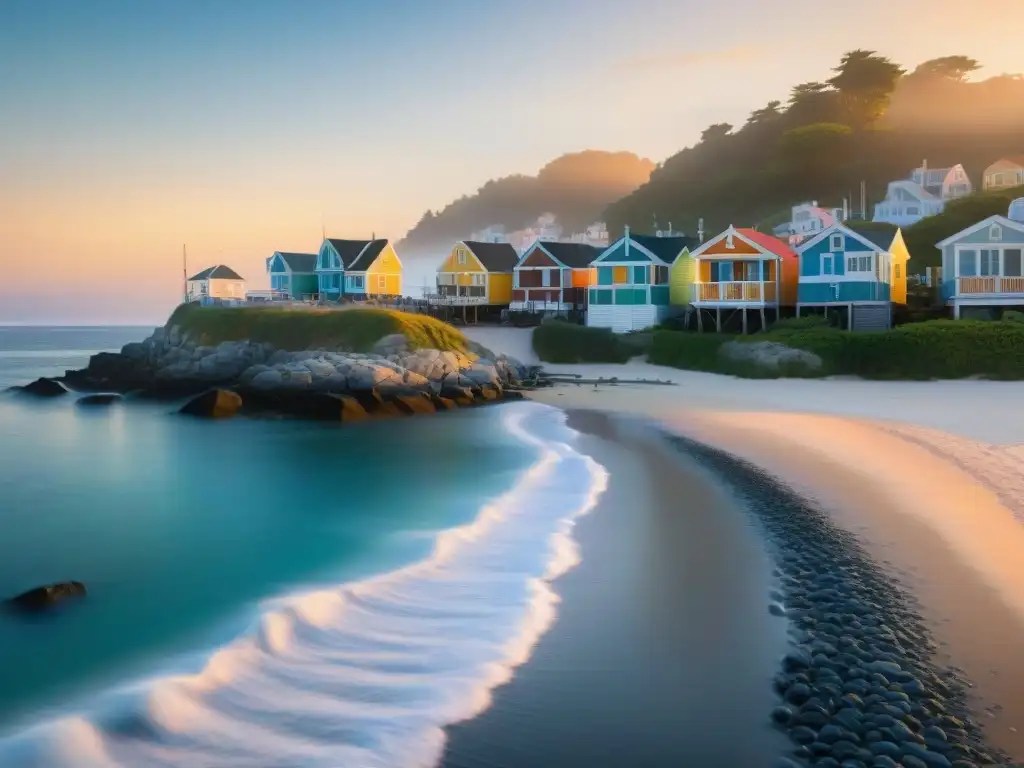 Pintoresco pueblo costero al amanecer: hogar, mar y serenidad Pintoresco pueblo costero al amanecer con casas coloridas, sendero de piedra y vida junto al mar accesible