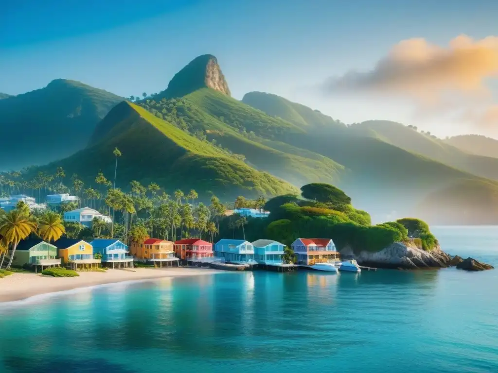 Pintoresco pueblo costero: tranquilidad y colorido Pintoresco pueblo costero con casas coloridas, cielo azul y palmeras meciéndose al viento