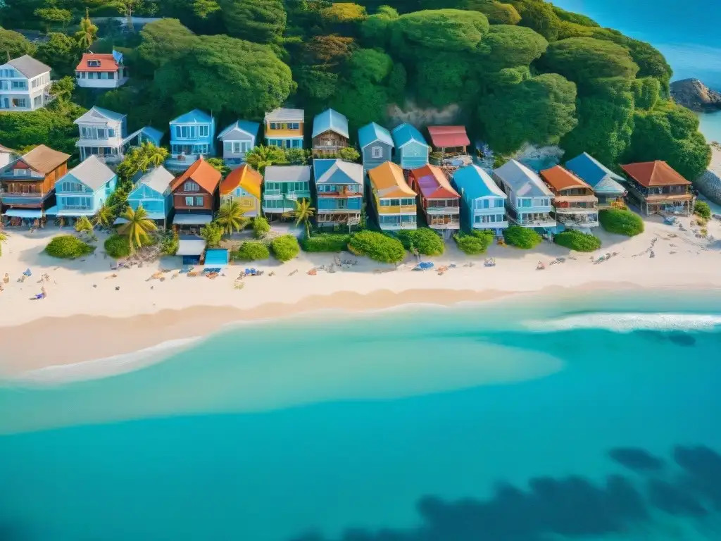 Vista aérea impresionante de un pueblo costero pintoresco con casas coloridas y aguas turquesas cristalinas Un pintoresco pueblo costero con casas coloridas, aguas turquesas y playa dorada llena de gente disfrutando el sol y las olas