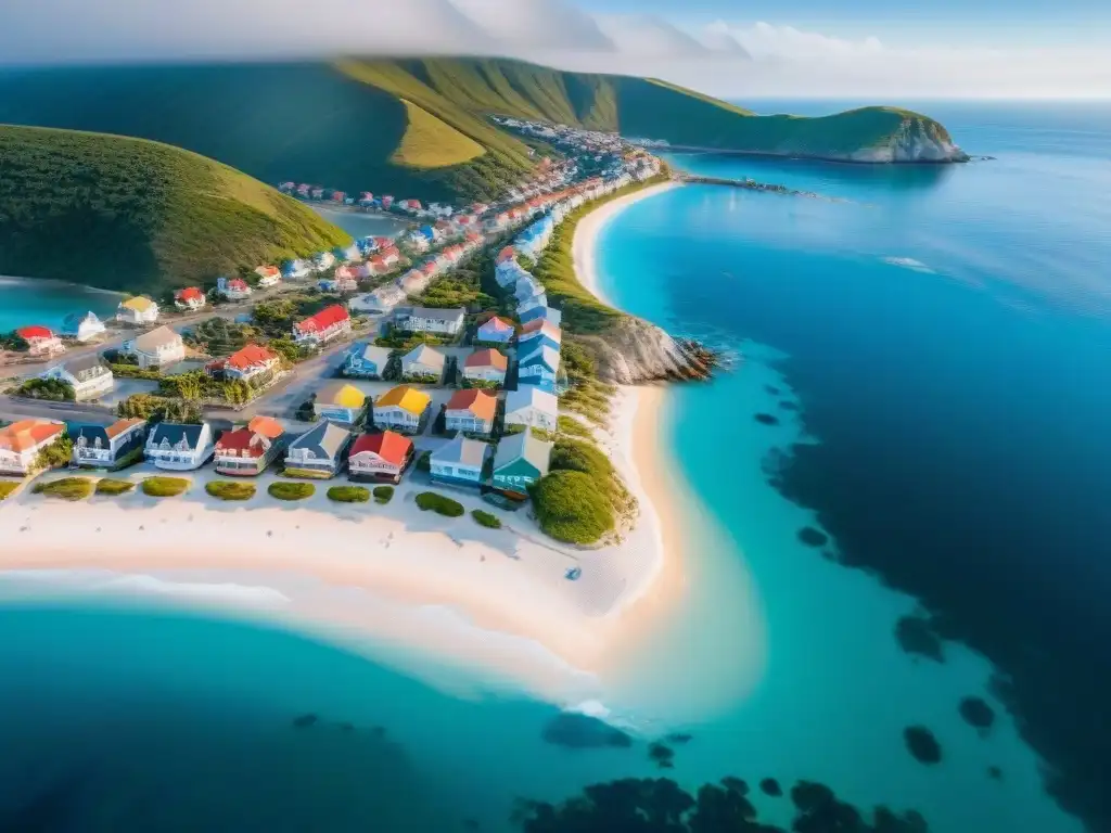 Inversión costera: encanto de un pueblo pintoresco junto al mar Pintoresco pueblo costero con edificios coloridos en la playa, bajo un cielo azul