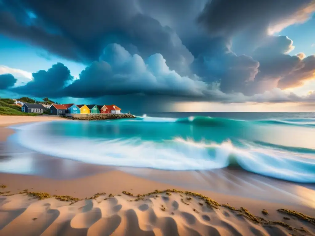 Pintoresco pueblo costero: casas de colores bajo cielos tormentosos Pintoresco pueblo costero frente al mar, casas coloridas, cielo tormentoso y olas suaves en la playa