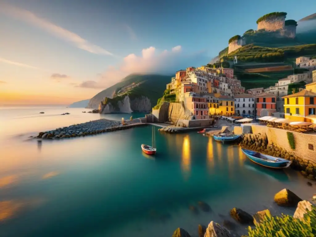Pintoresco pueblo costero italiano al atardecer Pintoresco pueblo costero italiano al atardecer con pescadores descargando su pesca
