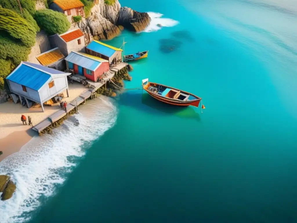 Vibrante pueblo costero: pescadores, dialectos y comunidad Un pintoresco pueblo costero lleno de vida, pescadores descargando barcos coloridos y lugareños hablando en frases únicas comunidades costeras