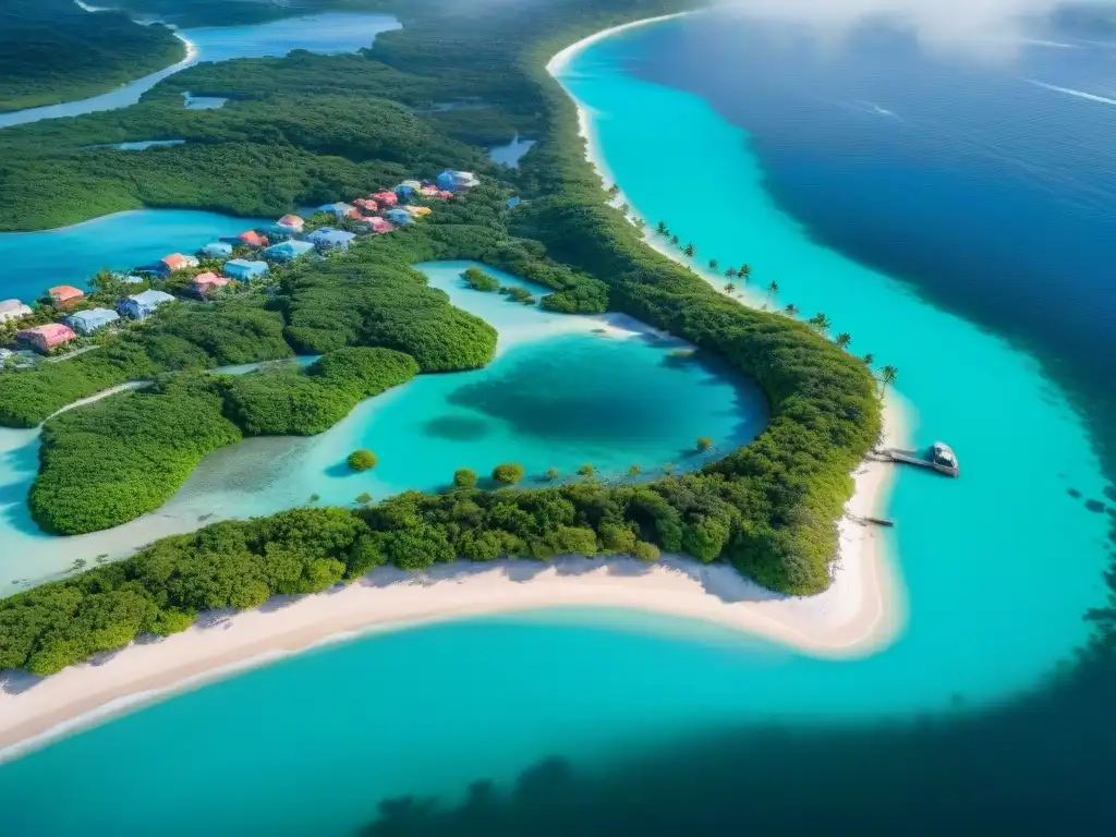 Encanto costero: belleza y vulnerabilidad de comunidades junto al mar Pintoresco pueblo costero entre el mar turquesa y exuberante vegetación, ilustrando la importancia de los seguros desastres naturales costeras vivir