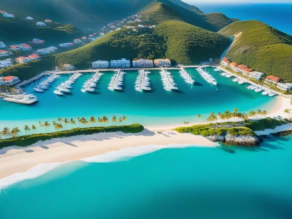 Marina turquesa: atardecer dorado en pueblo costero Un pintoresco pueblo costero con marina, playa y surfistas