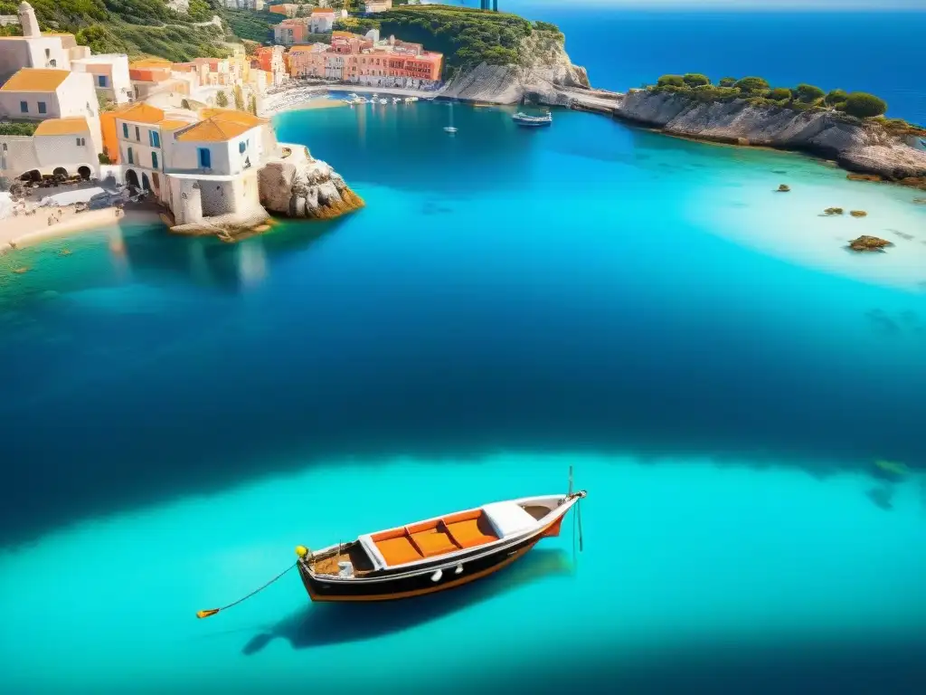 Vida costera mediterránea: tradición y serenidad Un pintoresco pueblo costero del Mediterráneo bañado en luz dorada, con edificios blancos y terracota junto al mar azul