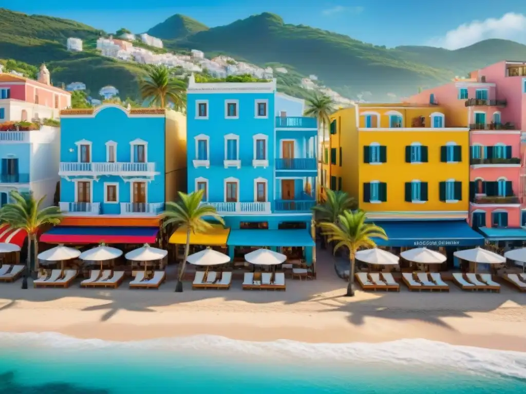Encanto costero: vibrante ciudad mediterránea con playas y vida local Un pintoresco pueblo costero mediterráneo con alquiler vacacional para estancias largas, edificios coloridos, palmeras y playa de aguas cristalinas