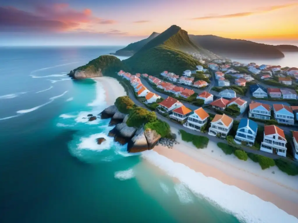 Paisaje costero: fusión armónica de modernidad y tradición al atardecer Pintoresco pueblo costero: mezcla armoniosa de propiedades modernas y arquitectura tradicional, con un vibrante atardecer sobre el mar