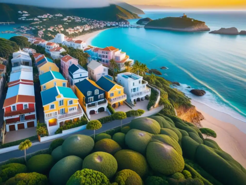 Arquitectura costera multicultural al atardecer Un pintoresco pueblo costero con una mezcla de estilos arquitectónicos de todo el mundo al atardecer