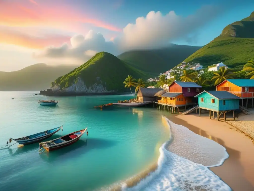 Pintoresco pueblo costero: atardecer mágico y pesca tradicional Pintoresco pueblo costero entre montañas verdes, aguas turquesa y pescadores