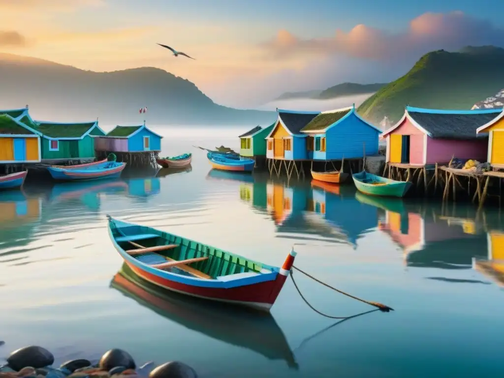 Pintoresco pueblo pesquero al amanecer Pintoresco pueblo costero al amanecer, pescadores y barcas coloridas