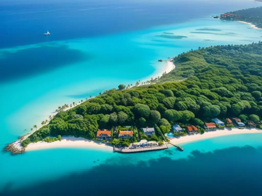 Vista aérea impresionante de un pueblo costero vibrante Un pintoresco pueblo costero con propiedades modernas y tradicionales, aguas cristalinas y playas doradas