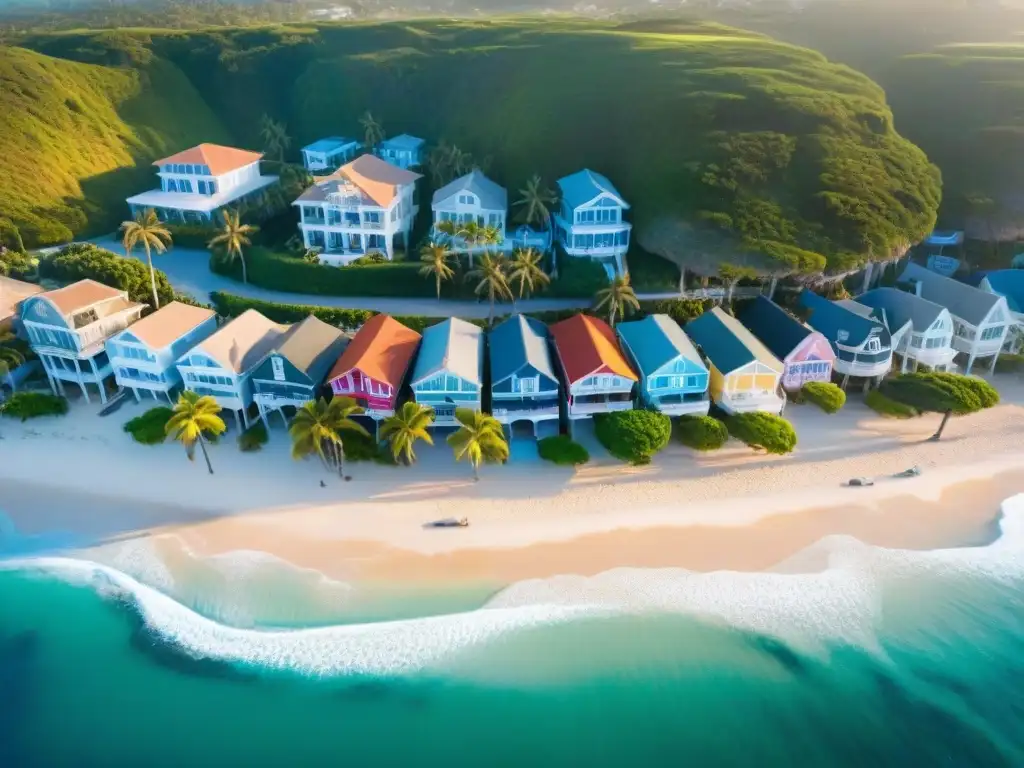 Pintoresco pueblo costero al atardecer: vida junto al mar Pintoresco pueblo costero con propiedades coloridas y variados estilos arquitectónicos al atardecer