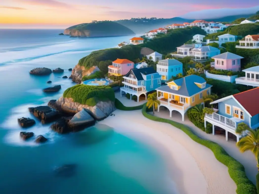 Pueblo costero: atardecer dorado y propiedades coloridas Pintoresco pueblo costero con propiedades coloridas y jardines bien cuidados al atardecer