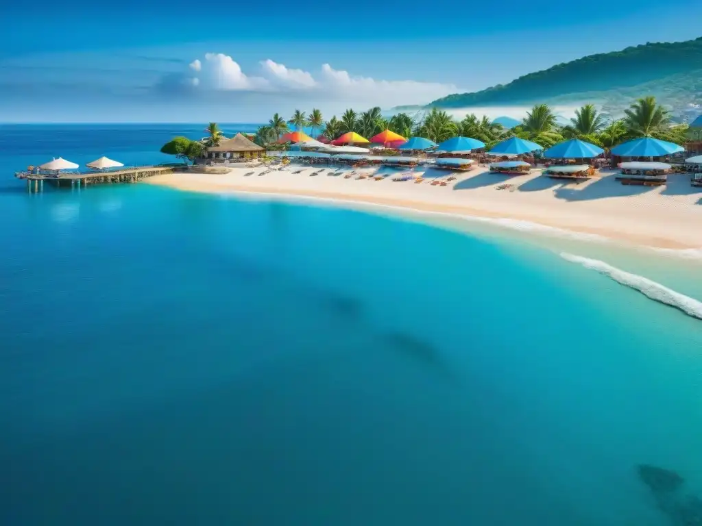 Escena costera vibrante: playas, mar y turistas disfrutando del sol Un pintoresco pueblo costero con propiedades vibrantes en alquiler vacacional en 2023, playas coloridas y turistas disfrutando del sol