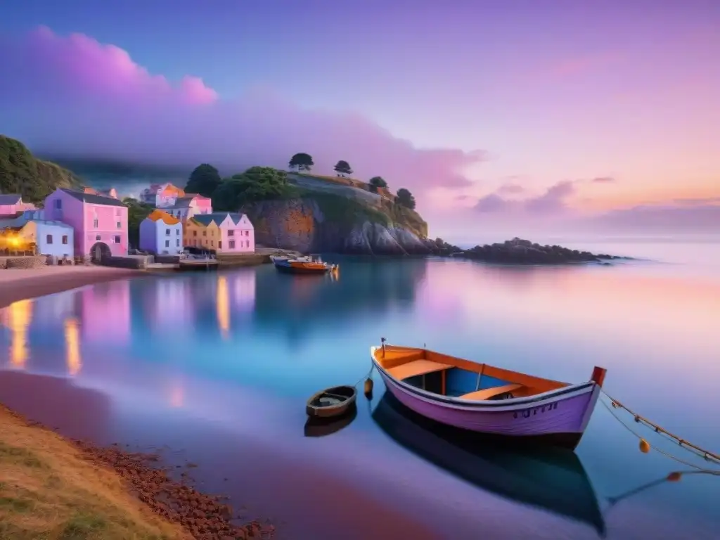 Pintoresco pueblo costero al amanecer: serenidad y belleza Pintoresco pueblo costero al amanecer, reflejos dorados en el mar, edificios pastel y botes pesqueros