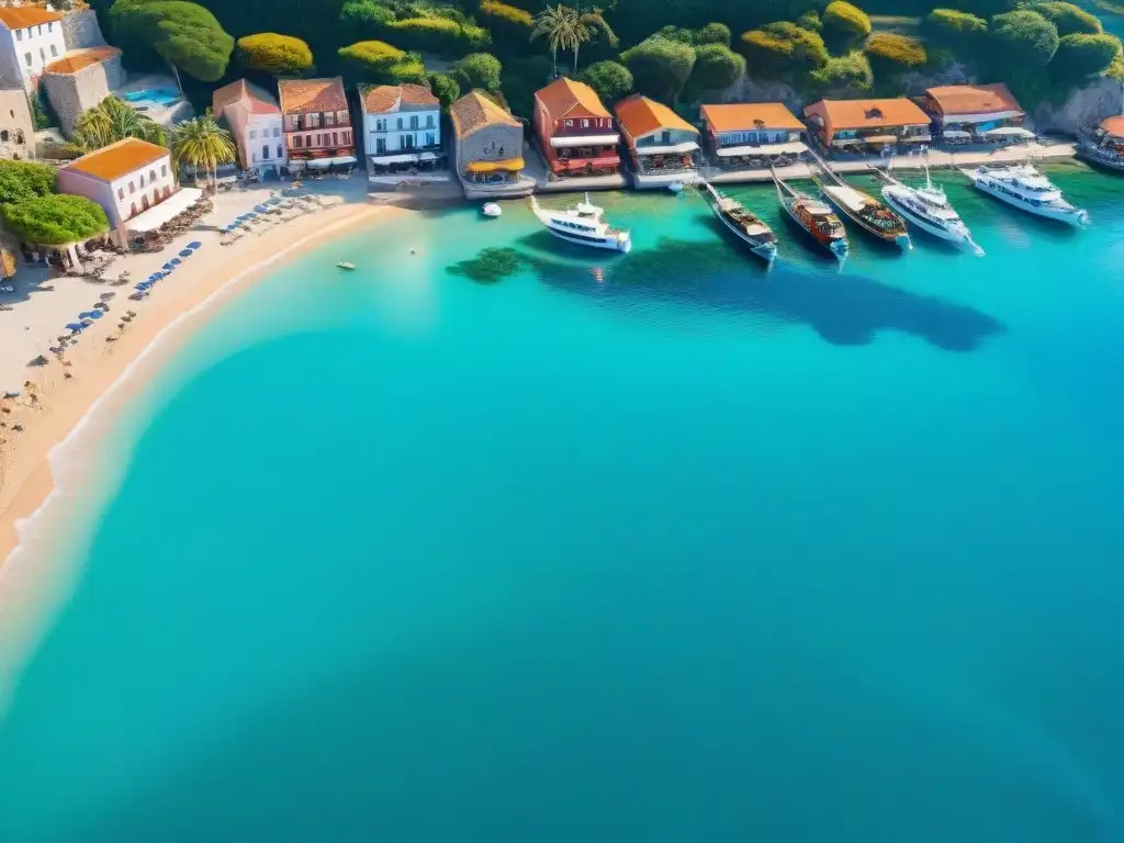 Pintoresco pueblo costero: barcos, playas y coloridas casas Un pintoresco pueblo costero con vida marina, casas coloridas y playas doradas