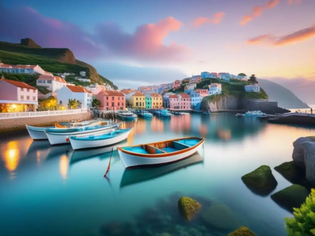 Paisaje costero al amanecer: pueblo sereno y colorido Pintoresco pueblo costero al amanecer con vida junto al mar accesible