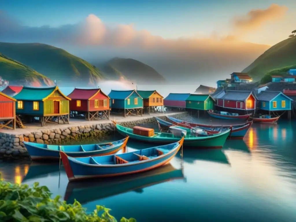 Pintoresco amanecer en aldea pesquera con pescadores y barcos coloridos Pintoresco pueblo pesquero al amanecer con barcos coloridos y platillos tradicionales