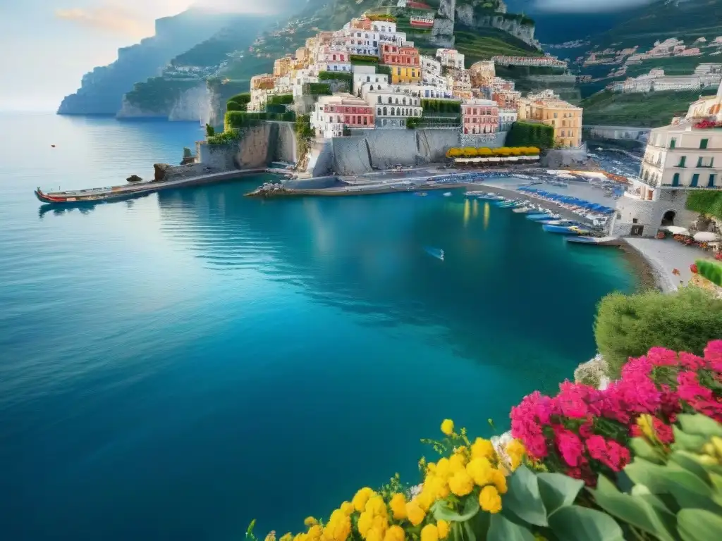 Encanto costero: pintoresco pueblo pesquero en la Costa Amalfitana Pintoresco pueblo pesquero en la Costa Amalfitana con casas coloridas en acantilados y pescadores reparando redes