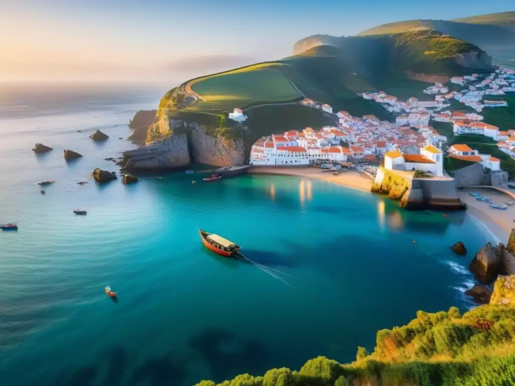 Pintoresco pueblo pesquero portugués al amanecer Pintoresco pueblo pesquero portugués al amanecer, con botes coloridos y pescadores preparando redes
