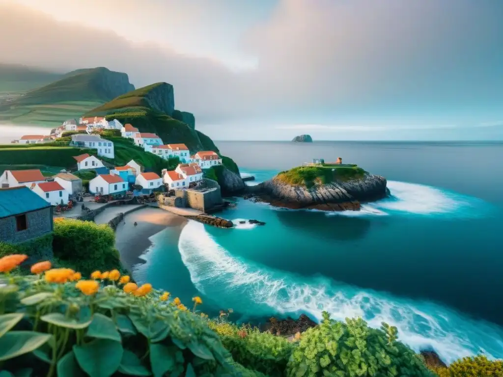 Vida costera longeva: tradiciones y tranquilidad junto al mar Pintura de una aldea costera mostrando longevidad en comunidades costeras con actividades tradicionales y un ambiente tranquilo
