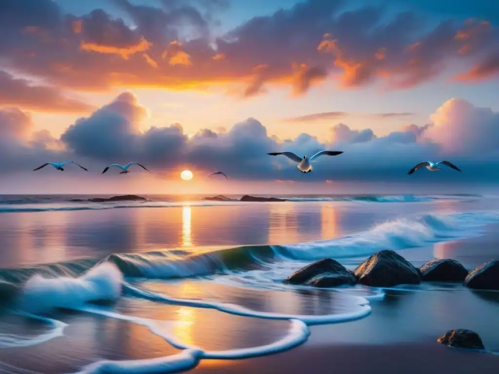 Pintura de atardecer costero: detalles vibrantes y serenidad Pintura artística de atardecer costero con gaviotas, reflejando paz y belleza