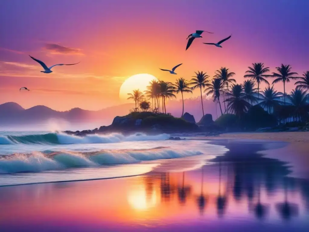 Atardecer costero: paisaje sereno en colores vibrantes Pintura de un atardecer costero con beneficios para la salud mental
