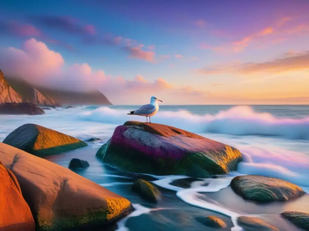 Paisaje costero al atardecer: serenidad y belleza marina Pintura costera al atardecer con filtros en fotografía costera: aplicación