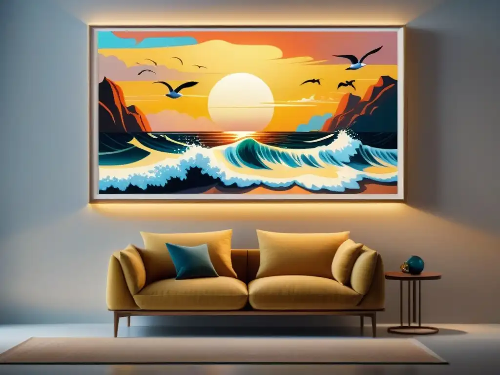 Obra costera: atardecer dorado y olas en galería exclusiva Una pintura costera vibrante en una galería oculta