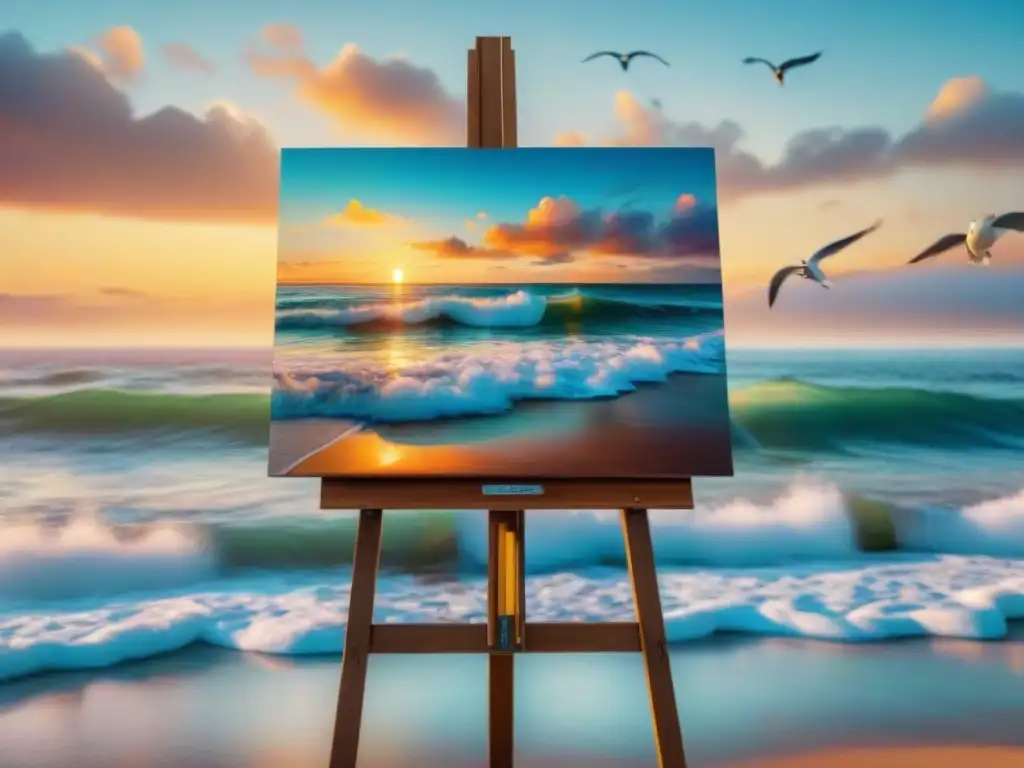 Arte costero al amanecer: playa serena con obras vibrantes Una pintura costera muestra la vida en el inicio del día, con arte colorido en un caballete de madera frente a la playa al amanecer