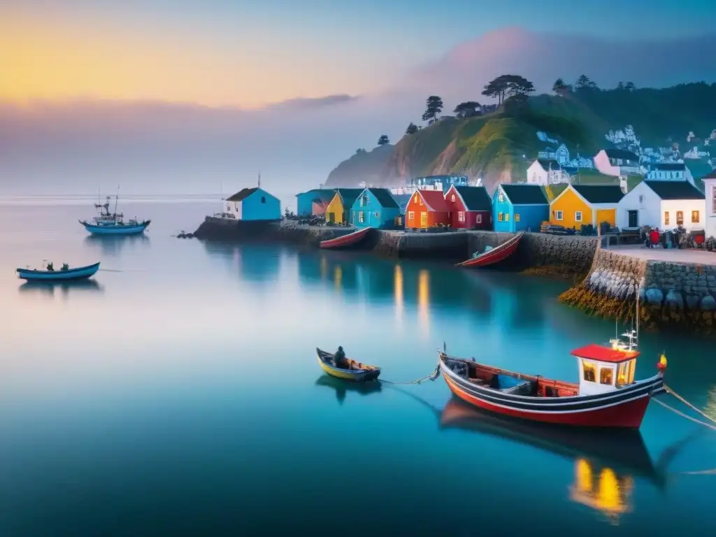 Renacer primaveral: colorida ciudad costera despierta al amanecer Pintura detallada de un pueblo costero vibrante al amanecer en primavera, con barcos de pesca y pescadores preparando redes