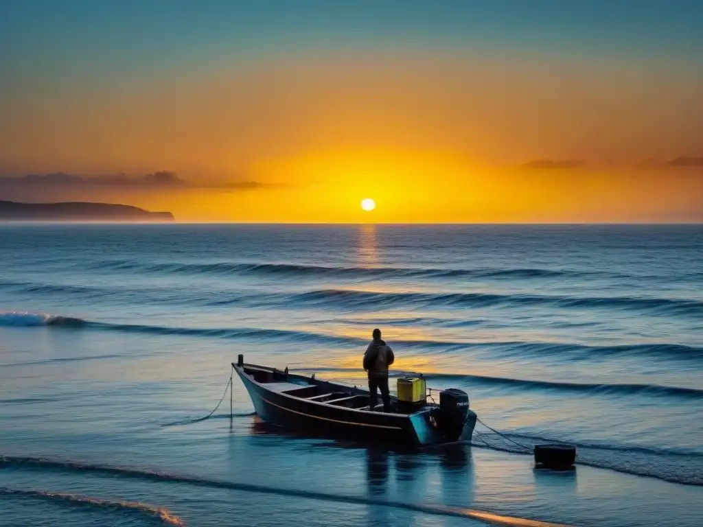 Esperanza al amanecer: pescador solitario en su barco al amanecer Pintura dorada del amanecer en el mar, pescador preparando su equipo en bote de madera
