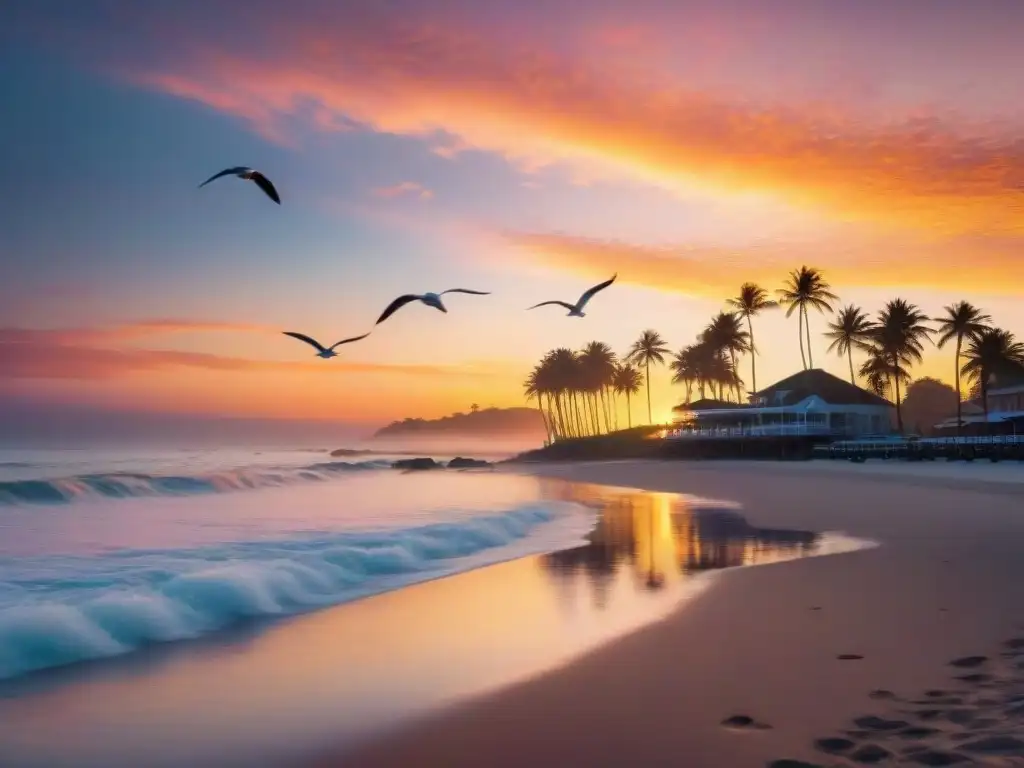 Atardecer dorado en pueblo costero Una pintura natural de la hora dorada en un pueblo costero, resaltando los beneficios de vivir en la costa